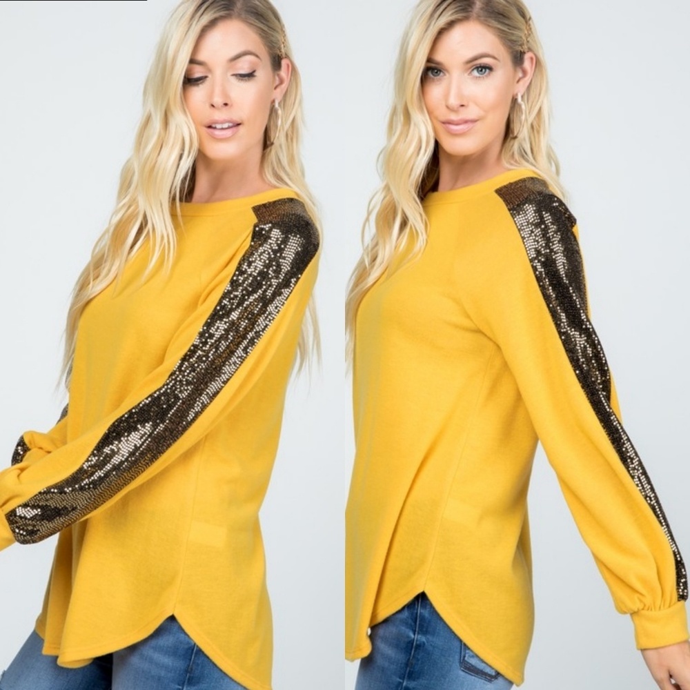 Mustard soft brushed top w/ sequin sleeves - Picture 2 of 9